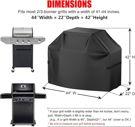 Grill Cover, 44 inch Heavy Duty BBQ Gas Grill Cover for Outdoor Grill, Waterproof, Weather Resistant, Anti-UV, Rip-Proof, Fade Resistant Barbecue Cover with Hook-and-Loop Straps for Most Grills