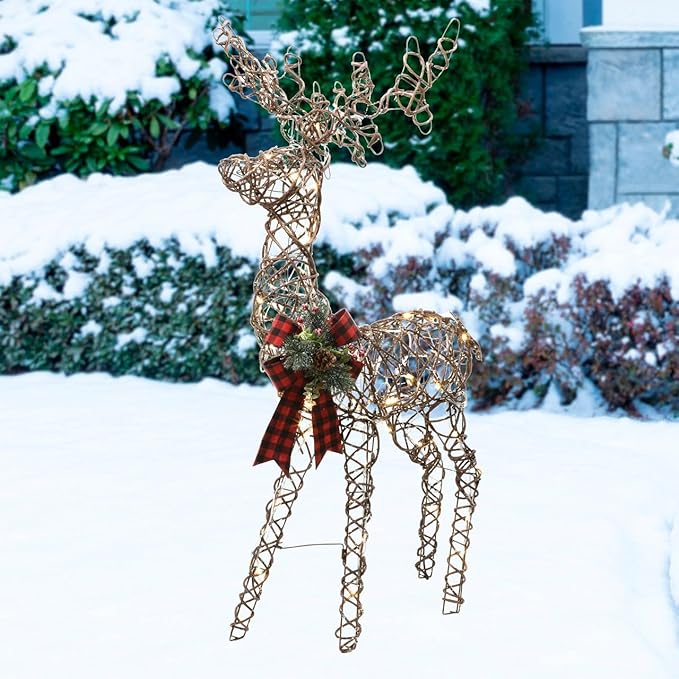 Alpine Corporation 49" Rattan Standing Reindeer Statues with Ribbon and LED Lights, Christmas Decor
