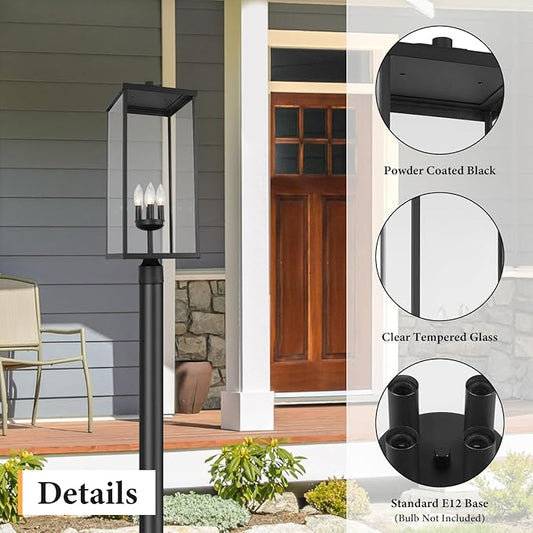 Outdoor Post Light Fixture, Modern Exterior Square Pillar Lantern with Black Finish & Clear Glass, Transitional Pier Mount Lamp, Pole Light for Garden, Backyard, Patio, Pathway, RZ008XL-P