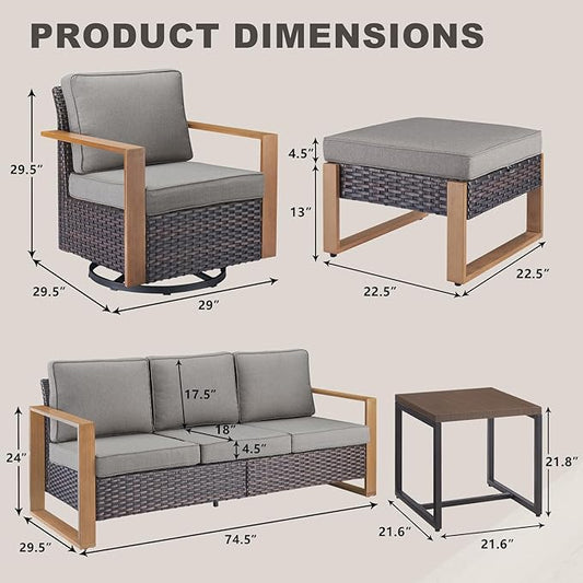 Rilyson Outdoor Wicker Patio Furniture Set - 8 Piece Patio Conversation Set with 4 Wicker Swivel Rocker Chairs,2 Rattan Ottoman 1 Side Table and 1 Couch,Thick Cushions,Deep Seating(Brown/Grey)