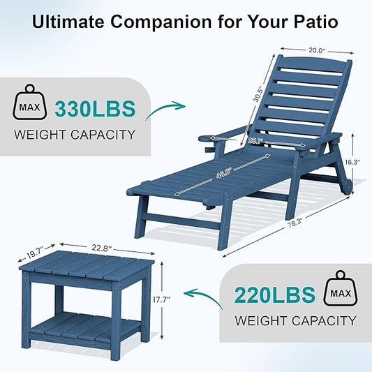 SERWALL Outdoor Lounge Chairs Set with Side Table, HDPE Patio Chaise Lounge All Weather Outdoor Lounger Set of 3 for Pool, Deck, Blue