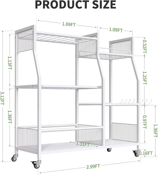 HOTEAGLE Yard Tool Organizer for Garage 35.4" Width High Stability Outdoor Metal Utility Rolling Cart with Mute Wheels, 18.5mm Thick Rods Ideal Garden Tool Rack, Easy to Clean,White