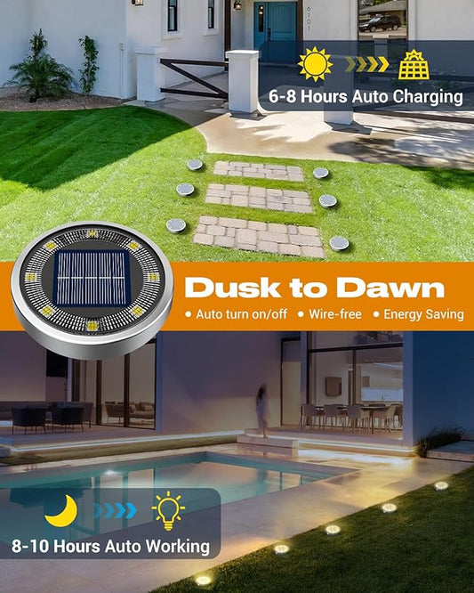 btfarm 12 Pack Solar Lights Outdoor, 8 LED Solar Ground Lights IP65 Waterproof Flat Solar Disc Light, Pathway Lights for Garden Lawn Patio Yard Path Landscape, Warm White