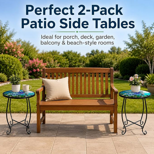 2-Pack 15 Inch Tall Mosaic Patio Side Tables Style, Metal Folding Turtle Table Set, Shatterproof Outdoor Patio Table for Porch Deck, Rust Resistant Small Garden Table (Set of 2)