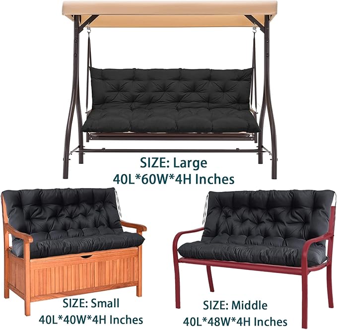 Swing Replacement Seat Cushions, 2-3 Seater Bench Cushions for Outdoor Furnitur with Backrest, Garden Recliner Seat Cushions Waterproof Sofa Pads (Black, 60x40in)
