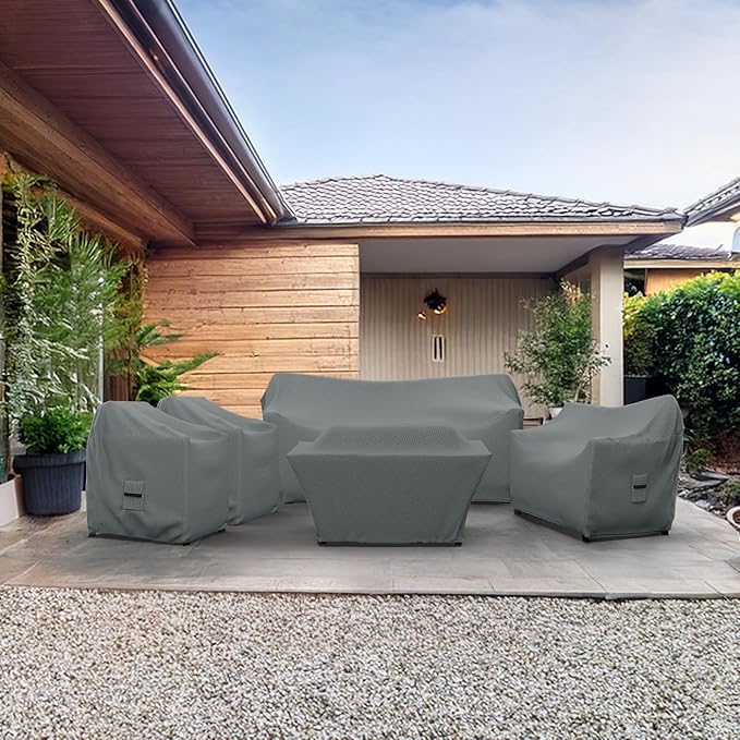 Covers & all Patio Furniture Cover Set, 5 Piece Outdoor Furniture Covers, Water-Repellent UV & Weather-Resistant Covers for Sofa, Loveseat, Chairs & Coffee Table with Elastic Tie-Down & Padded Handles