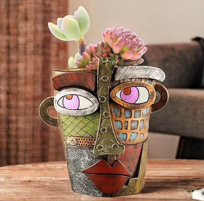Abstract Face Flower Pots Head,Creative Inspiration Succulent pots,Head Planter with Drainage Hole,Colorful Plant Pots for Outdoor Garden Decor and Home Art Decoration(Retro)