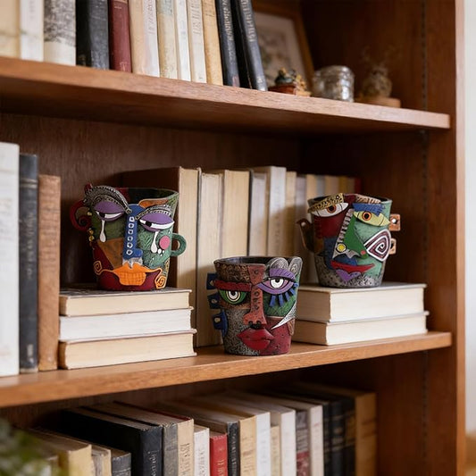 Funny Abstract Art Face Mini Planter Pots Set of 3, Unique & Colorful Hand-Painted Resin Succulent Pots for Indoor Decor, Shelf, Desk, Windowsill
