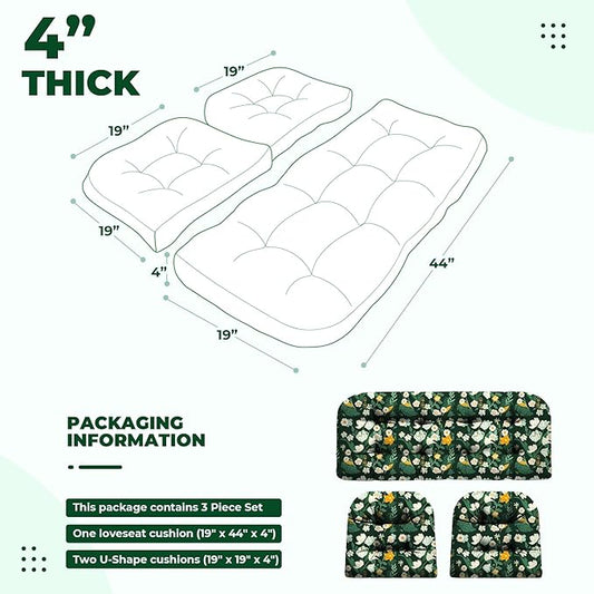 DANGHOOGY Wicker Chair Cushions, Waterproof Outdoor Loveseat Cushions for Patio Furniture, Tufted Wicker Furniture Cushions, 1 Loveseat and 2 U-Shaped Cushions (Green Floral)