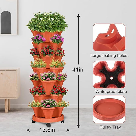 7 Tier Vertical Strawberry Planter-Tower Stackable Herb Planter Stacking Garden Planters Pot Outdoor with Tools Mover for Growing Flowers, Vegetables and Succulents, Red