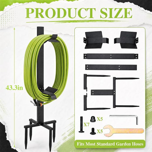 Moxweyeni Garden Hose Reel Holder Stand with Ground Stakes, up to 150-ft Hoses, Detachable Metal Water Hose Holder, Heavy Duty Garden Storage Rack for Outside Yard Lawn