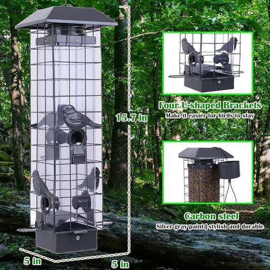 Squirrel Proof Bird Feeders for Outdoors, Metal Wild Bird Feeder for Outside Hanging, 4 Ports Perches, 3LB Large Capacity(Gray)