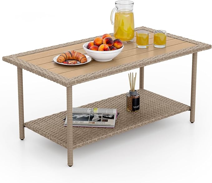 YITAHOME Outdoor Wicker Coffee Table with Storage, 39.4" 2 Tier Rectangle Patio Coffee Table, All-Weather Rattan Outdoor Storage Table for Patio Garden Backyard Porch - Brown