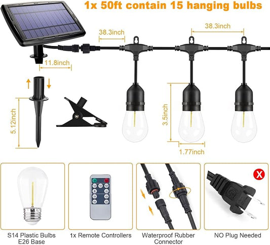 50FT Solar String Lights Outdoor with Remote, 15 Shatterproof Edison LED Bulbs, Dimmable Waterproof Color Changing Patio Lights for Garden, Backyard, Camping