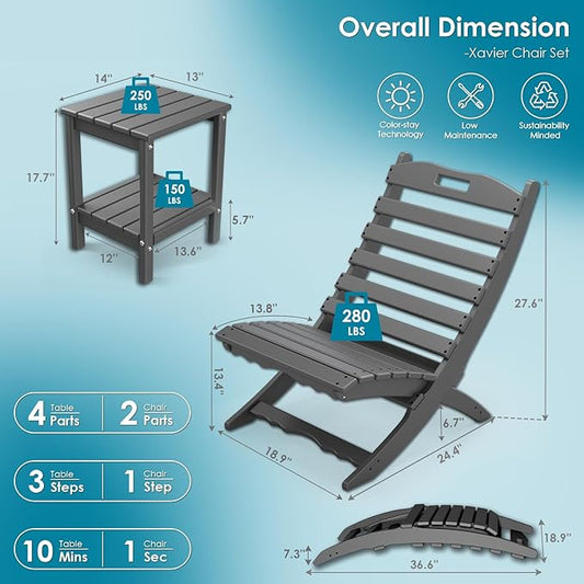GREENVINES 3 Pieces Patio Furniture Set | Outdoor Bistro Sets for 2 | HDPE Plastic | Folding-Adirondack-Chairs-with-Side-Table | All Weather | Xavier Chair | for Porch Deck Poolside Backyard | Gray