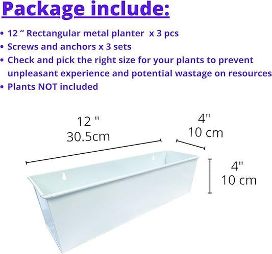 LaLaGreen Wall Planter (3 Pack, 12 Inch) Wall Hanging Plant Holders White, Large Long Rectangular Metal Wall Mounted Flower Pots, Window Sill Planters Box Fence Railings Garden Floating Shelve Outdoor