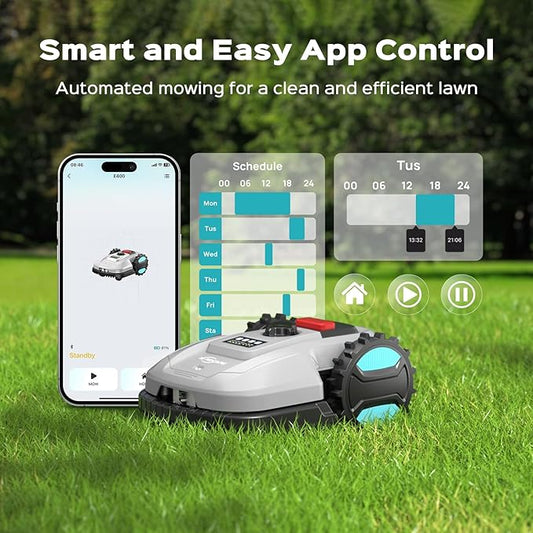 2026 New Robot Lawn Mower with App Control – Features Adjustable Cutting Height, Auto-Charging, Obstacle Detection and Brushless Motor for Lawns Up to 1/8 Acre, Gray