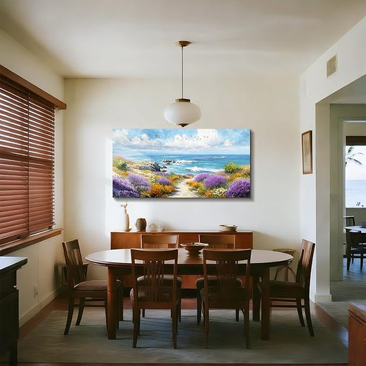 SERIMINO Coastal Wall Art, Oversized Wall Art, Beach Wall Decor, Blue Ocean Landscape Prints, Seashore Floral Large Pictures, Tropical Paintings for Living Room Office Bedroom Dining Room 29"x57"
