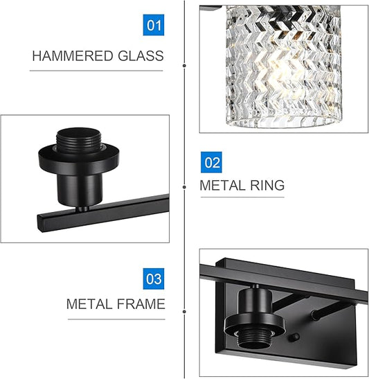 MELUCEE Matte Black Vanity Light 4 Lights Modern Bathroom Light Fixtures with Hammered Glass Shade, Indoor Metal Wall Lights for Powder Room Hallway Kitchen, E26 Base