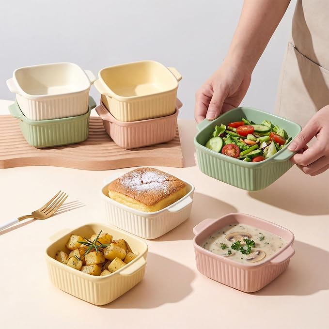 LemonRoad 4 Pcs Small Ceramic Baking Dishes with Dual Handles, 13.5 oz Oven Safe Individual Casserole Pan Ramekin Bowls Microwave Dishwasher Safe for Serving, Desserts Storage(Square)