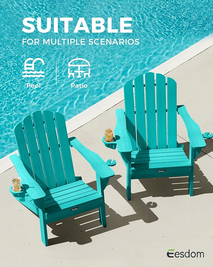 Folding Adirondack Chair,All-Weather HDPE Fire Pit Chair with 2 Cup Holders, Plastic Outdoor Chair for Patio Deck Garden Lawn, Lakeblue