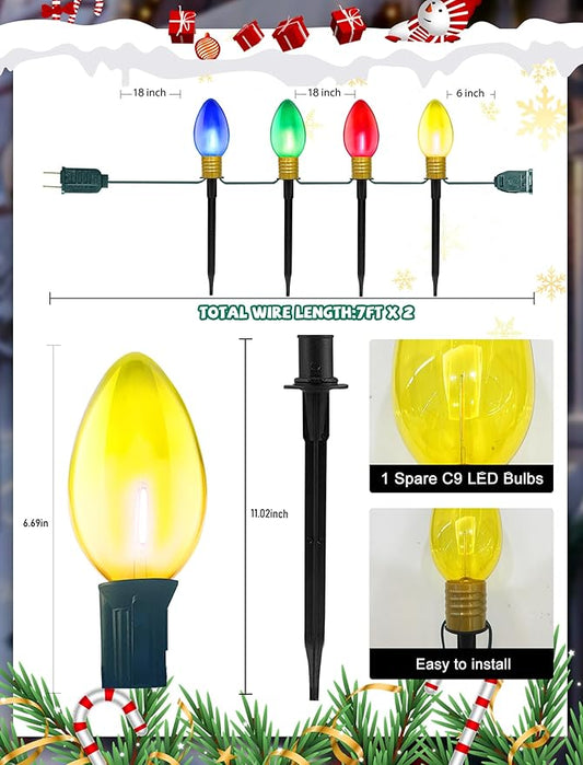 Jumbo C9 Christmas Pathway Lights Outdoor, 2Pk Total 14Ft Outdoor Christmas Decorations with 8 LED Jumbo C9 Clear Multicolor Bulbs Walkway Lights for Lawn Holiday Yard Garden Sidewalk