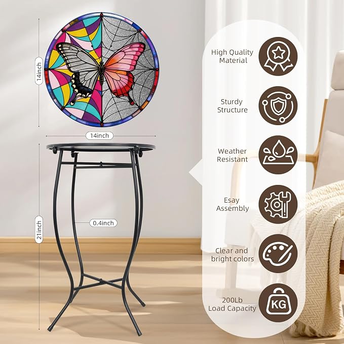 Round Side Table, 21 Inch Tall Side Table for Flower Pots Vase Home Decor, Weather Resistant Metal Patio Table Plant Stand for Indoor Outdoor Use, Easy Assemble