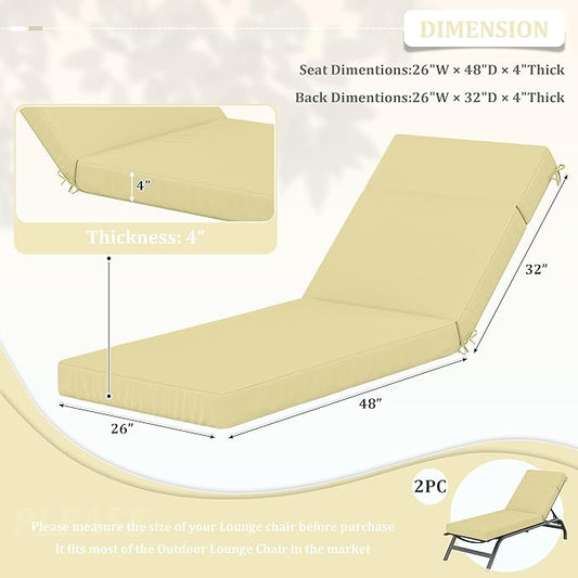 2 Pcs Chaise Lounge Cushions Outdoor, 80" L X 26" W X 4" D Lounge Chair Cushions for Outdoor Furniture, High-Density Foam Patio Chaise Cushion-Waterproof Fade-Resistant ThickPatio lounge chair cushion
