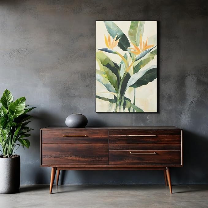 JolyWell Hand-paintd Botanical Canvas Wall Art Sage Green Leaf Tropical Plant Art Prints Boho Decor Bird of Paradise Flowers Leaf Wall Painting for Living Room Bedroom 24 x 36 IN