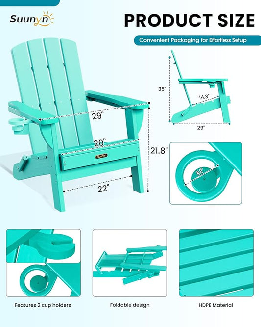 Folding Adirondack Chair 2 Pack, HDPE All-Weather Fire Pit Chairs, Plastic Adirondack Chairs with 2 Cup Holder, Outdoor Lawn Chair for Patio Garden - Lake Blue