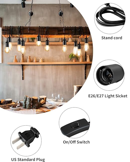 Extension Hanging Lantern Cord Cable, HESSION 5.9ft Lamp Cord -MAX 360W - On/Off Switch E26/E27 Black Pendant Lighting with Plug-in Cord 3-Pack