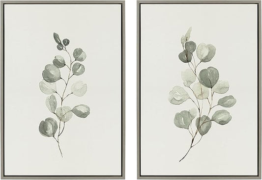 Kate and Laurel Sylvie Eucalyptus 4a & Eucalyptus 4b Framed Canvas Wall Art Set by Maja Mitrovic of Makes My Day Happy; 2 Piece 23x33 Gray; Simple Plant Art Set Wall Décor