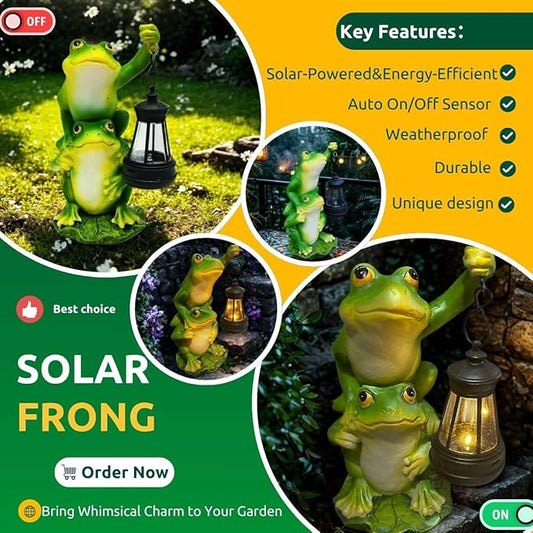 Solar Garden Statues Outdoor Decor-Frog Statue with Solar Lantern-Fairy Garden Outdoor Decor Art for Patio,Yard,Lawn Ornament,Unique Birthday House Warming Gifts for Women,Mom,Dad