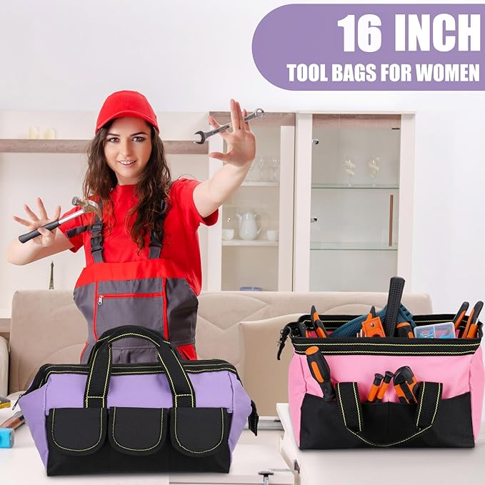 Sanwuta 3 Pack Tool Bag for Men with Waterproof Hard Bottom, Heavy Duty Tool Bag Wide Mouth Tote for Various Instrument, Electrician Carpenter Mechanic(Red, Pink, Light Purple,16 Inch,Classic)