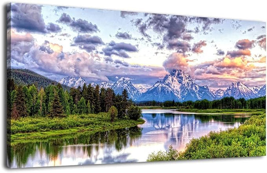 arteWOODS Landscape Canvas Wall Art Nature Picture Oxbow Bend Grand Teton National Park Modern Canvas Artwork River and Forest Contemporary Wall Art Large Size for Home Office Decoration 24" x 48"
