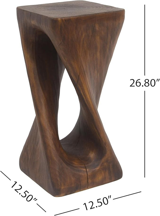 GDFStudio Outdoor Side Table, Twist Shape End Table, Decorative Accent Garden Stool Table, Lightweight Concrete Patio Table with Wood-Like Texture,Sculptural Design for Balcony,Poolside,Antique Brown