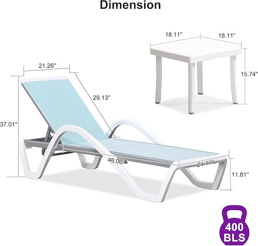 PURPLE LEAF Patio Chaise Lounge Chair Set of 3 Outside Aluminum Plastic Stackable Tanning Chairs with Armrests and Side Table for Pool Sunbathing Beach Deck Outdoor Lounger, Light Blue