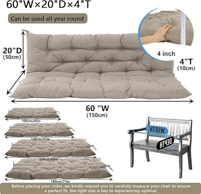 Outdoor Swing Cushions 3 Seater Waterproof, Replacement Bench Cushions for Outdoor Patio Furniture with Backrest, Porch Swing Cushion with Ties for Lawn and Garden (Khaki, 40x60in)