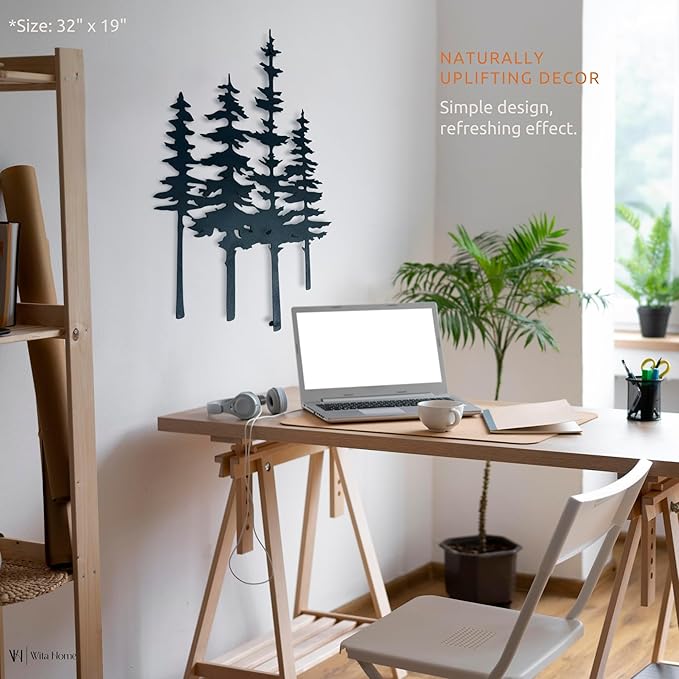 Pine Tree Metal Wall Mounted Art, Large Black Rustic Pine Forest Scene, Handcrafted Metal Home Decor with Static Powder Coating, Indoor/Outdoor Home, Living Room, Farmhouse, Garden, Bedroom Decor, Wall Hanging Sign (18 x 11 inches)