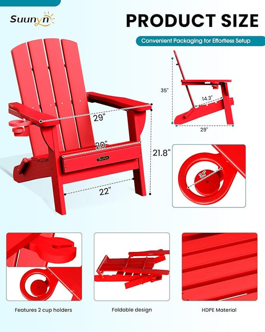 Folding Adirondack Chair 2 Pack, HDPE All-Weather Fire Pit Chairs, Plastic Adirondack Chairs with 2 Cup Holder, Outdoor Lawn Chair for Patio Garden (Red)