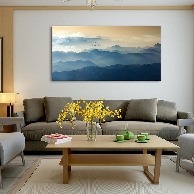 JLXART Wall Art Foggy Mountain with Bird Landscape Large Canvas Prints Wall Decor Living Room Bedroom Natural Scenery Office Decor Pictures 30"X58"