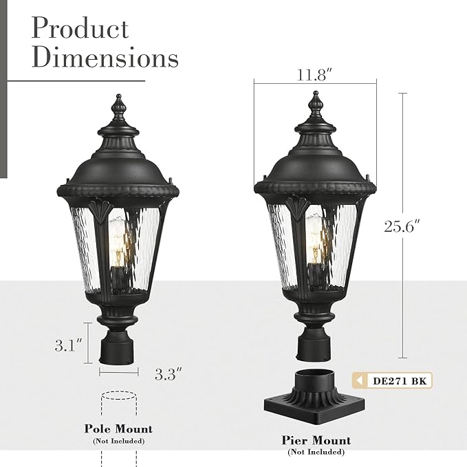 Emliviar 25" Lamp Post Light Fixture with Water Ripple Glass, Waterproof Outdoor Pole Light in Black Finish for Yard and Garden, XE265P-SW BK