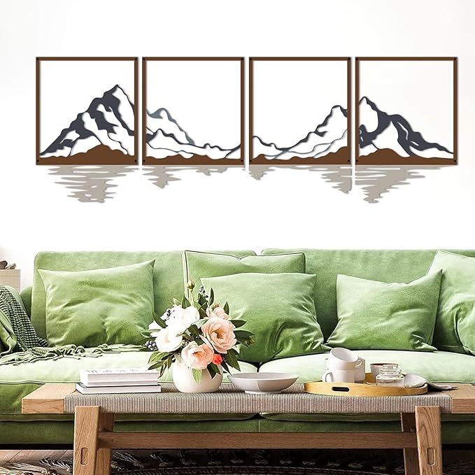 ESTART 4 Pcs Metal Mountain Wall Art, Large Mountains Wall Decor, Mountain Forest Decorative Painting Suitable For Living Room Bedroom Office Indoor And Outdoor (Mountains Rivers Large)