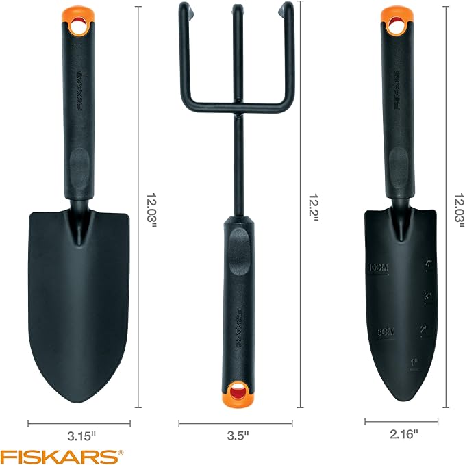 Fiskars 3-Piece Garden Tool Set - Trowel, Transplanter, Cultivator, Rust-Resistant Steel Heads, Ergonomic Handles for Planting, Digging, and Aerating Soil