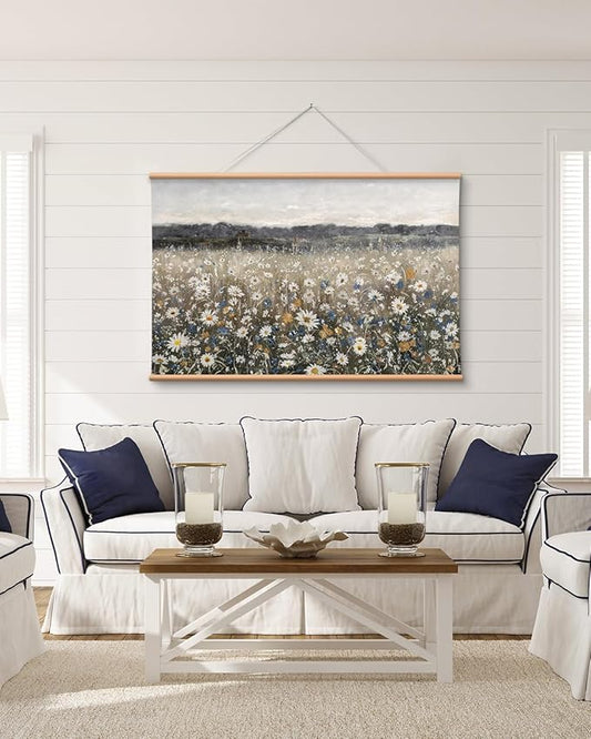 VIYYIEA Extra Large Canvas Wall Art, 36x54 Inch Vintage Wildflower Landscape, Neutral Floral Meadow Wall Decor for Living Room or Bedroom, Above Sofa