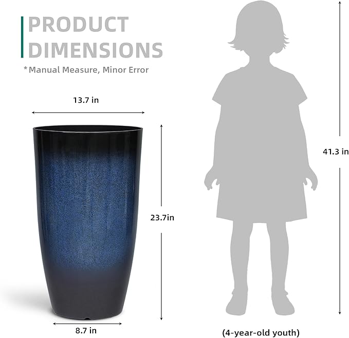 23.75" H Large Tall Outdoor Planters, Set of 2 Plastic Large Flower Pots for Outdoor Plants, with Gradient Cobalt Bule Finish, Weather-Resistant for Porch, Garden, Patio or Indoor Use