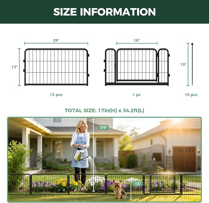 FXW Garden Fence Outdoor for the Yard – 17in(H) x 34.2ft(L) Heavy Duty Metal Animal Barrier for Dog, No Dig Decorative Dog Fence, 14 Panels, Black