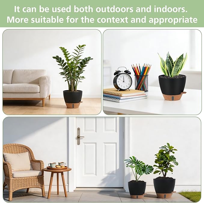 Self Watering Planters Set with Water Level Indicator, 12" 10" 9" 8" Large Plastic Flower Pots with Mesh Drainage Hole and Removable Saucer Reservoir for Indoor Outdoor Plants 4pcs (Black