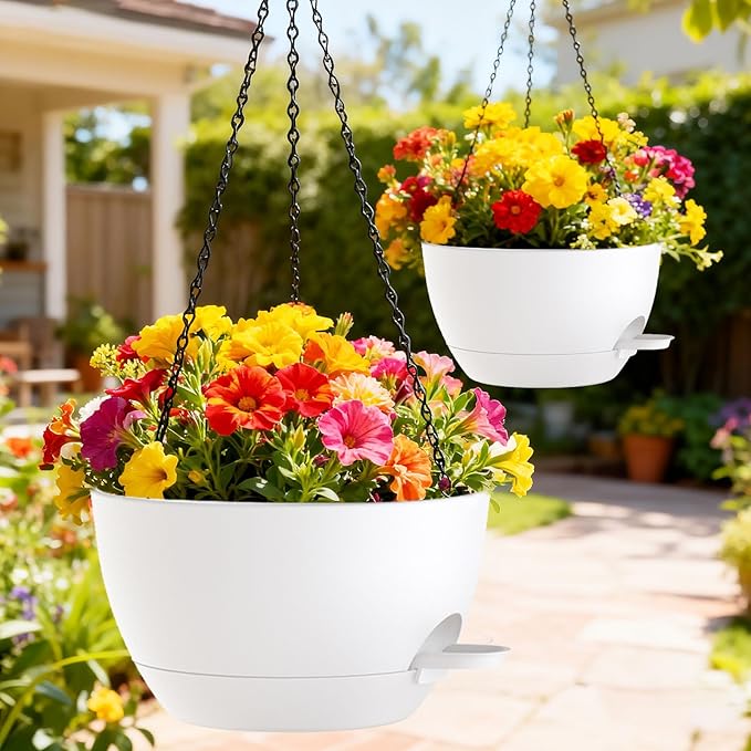 10 Inch Hanging Baskets 2 PC with Chains, Self-Watering Hanging Planters for Indoor Outdoor Plants, Plastic Hanging Flower Pots,White