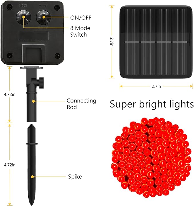 Solar String Lights for Outside, 39Ft 100 LED Solar String Lights Outdoor with 8 Modes,Solar Lights for Outside Waterproof for Yard, Fence,Balcony, Party,Christmas Tree Decorations (Red)
